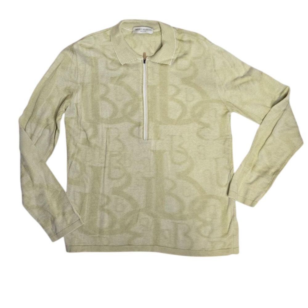 UMBERTO BILANCIONI tan knit logo‎ collared Made in Italy polo sweater top L